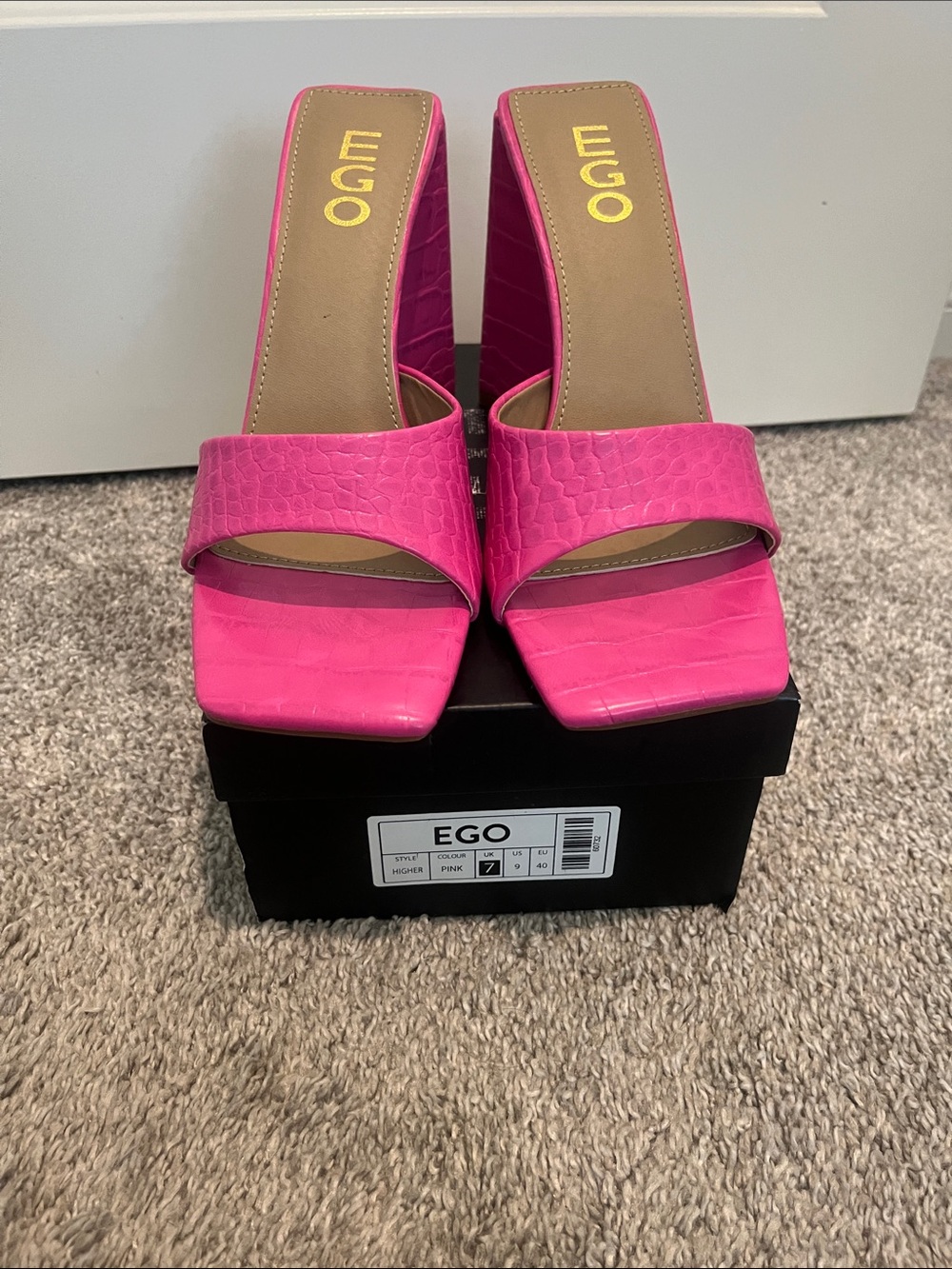 EGO Hot Pink Croc-Embossed Square Toe Slide Heels